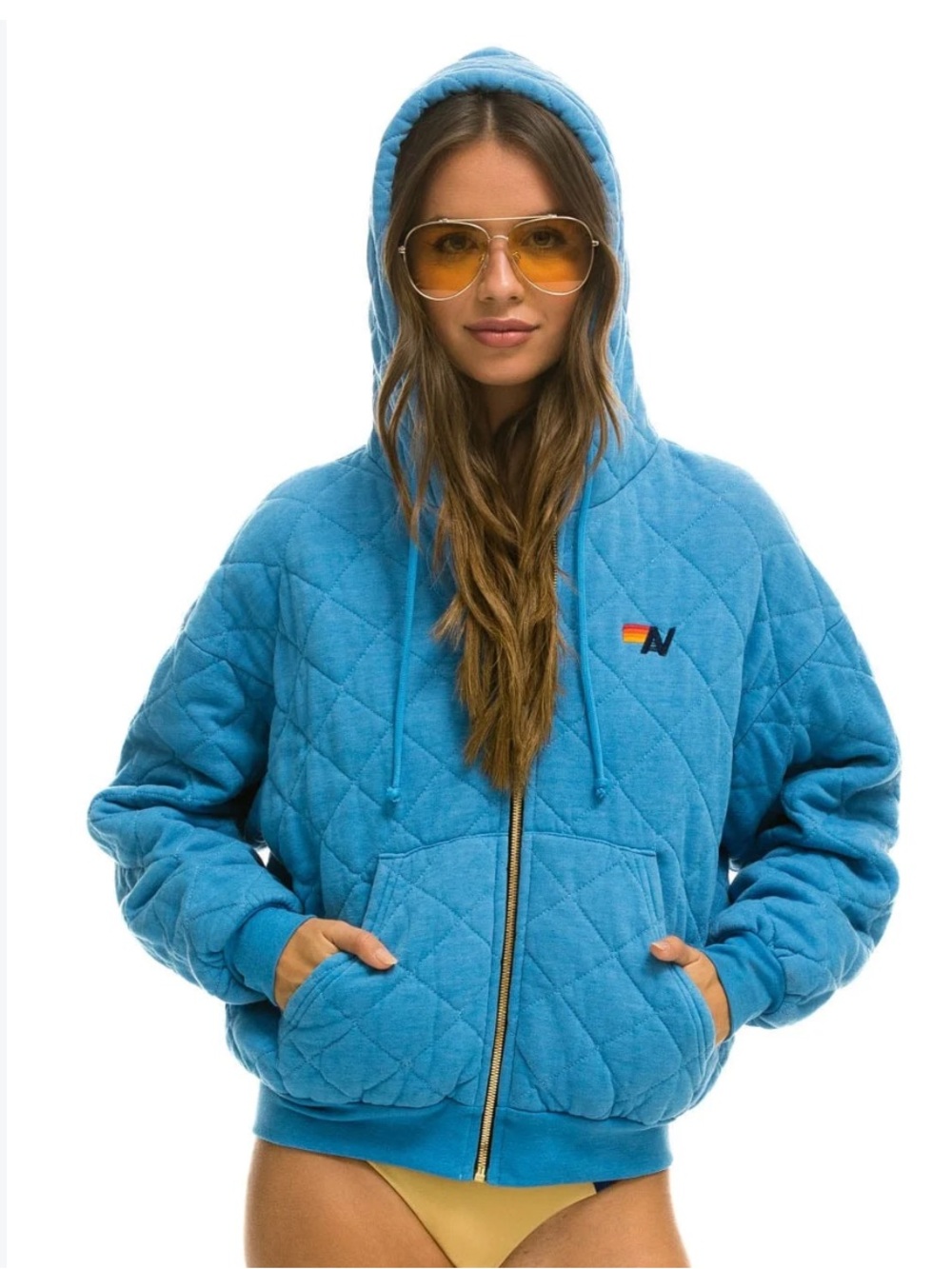 Aviator Nation quilted zip hoodie unisex small ocean blue hooded warm